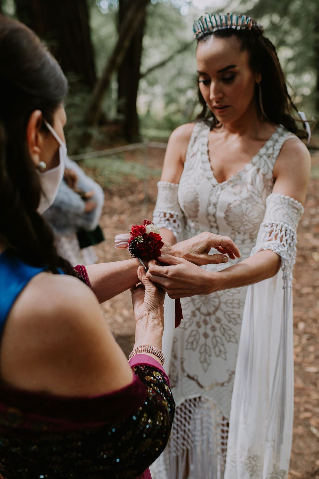 Dress Gown Bride Bridal Boho Lace Tassels Wrist Corsage Big Sur Elopement Heather K Purdy