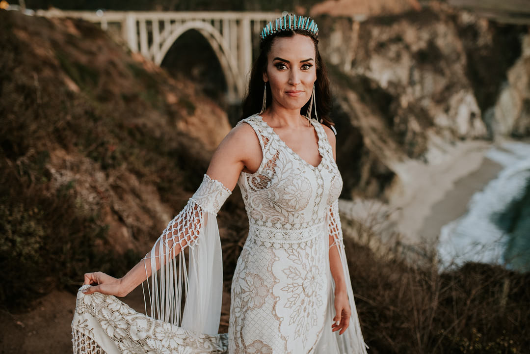 Dress Gown Bride Bridal Boho Lace Tassels Big Sur Elopement Heather K Purdy