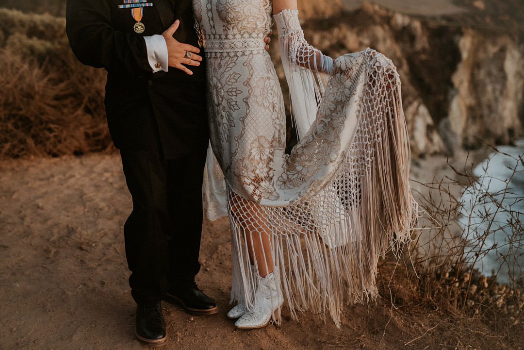 Dress Gown Bride Bridal Boho Lace Tassels Big Sur Elopement Heather K Purdy