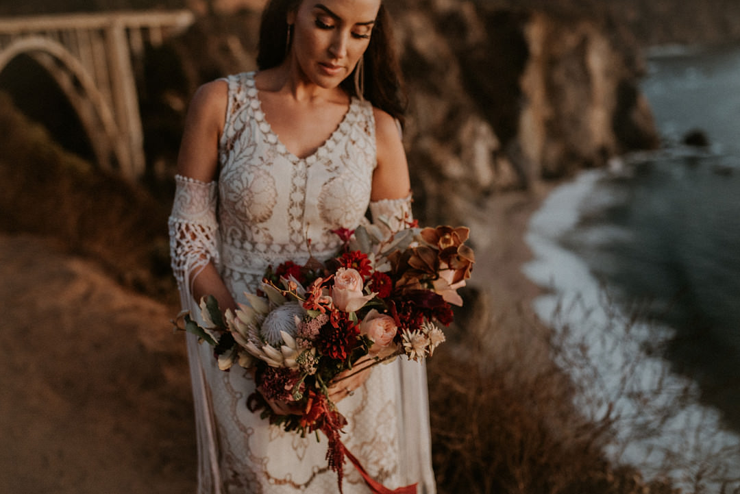 Dress Gown Bride Bridal Boho Lace Tassels Big Sur Elopement Heather K Purdy