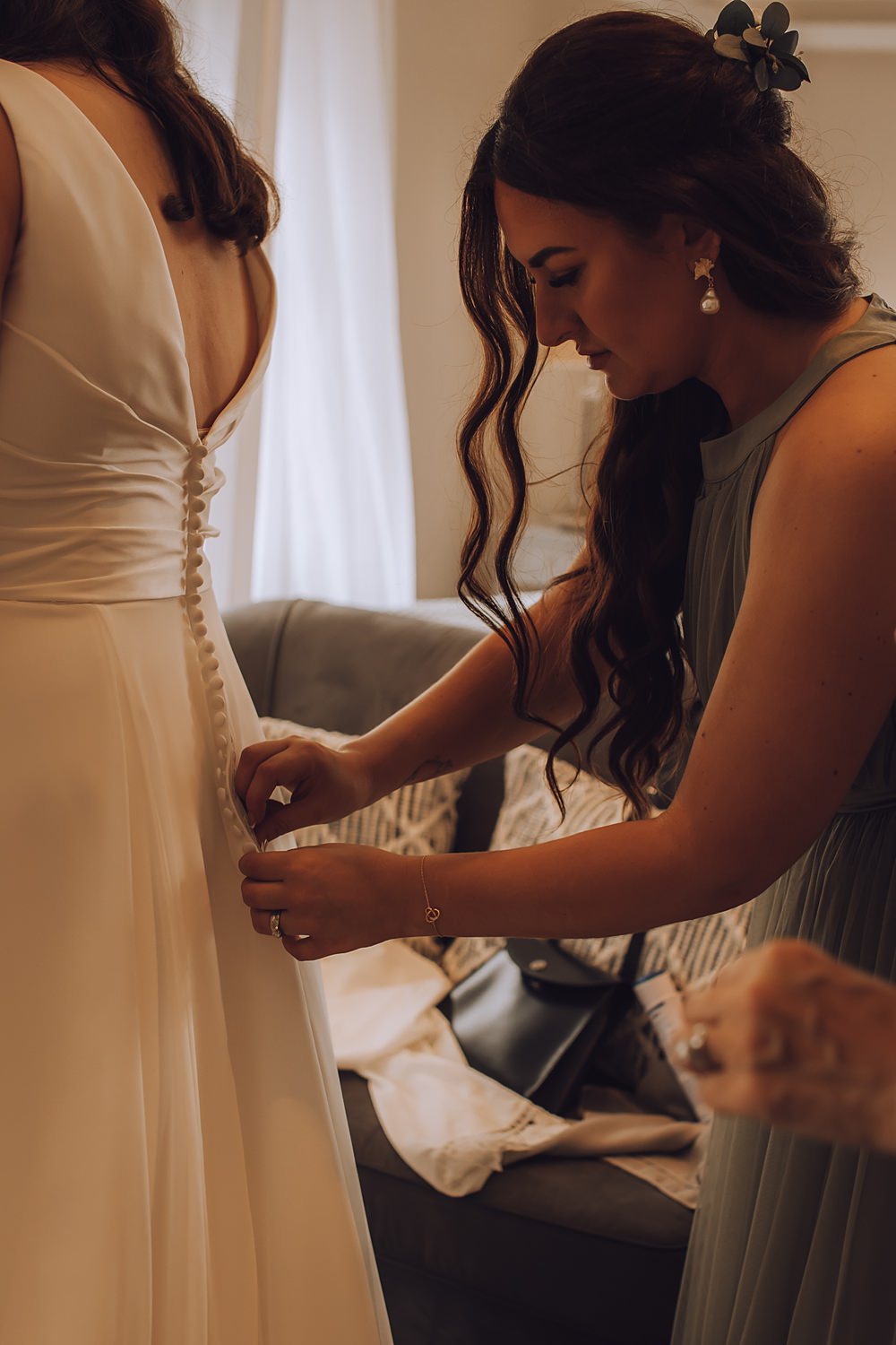 Dress Gown Bride Bridal Straps Satin Buttons Veil Blue Pigeons Wedding Charlotte Claricoat Photography