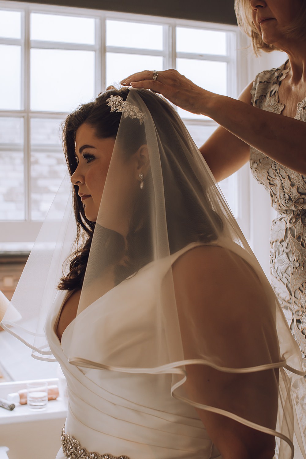 Dress Gown Bride Bridal Straps Satin Buttons Veil Blue Pigeons Wedding Charlotte Claricoat Photography
