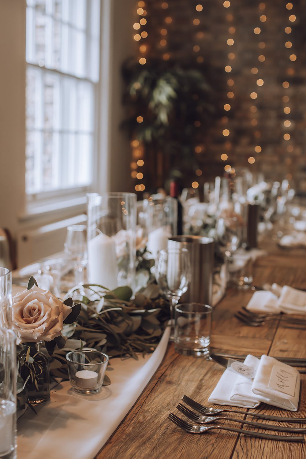 Long Wooden Table Decor Greenery Rose Candles Fairy Lights Blue Pigeons Wedding Charlotte Claricoat Photography