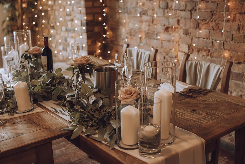Long Wooden Table Decor Greenery Rose Candles Fairy Lights Blue Pigeons Wedding Charlotte Claricoat Photography