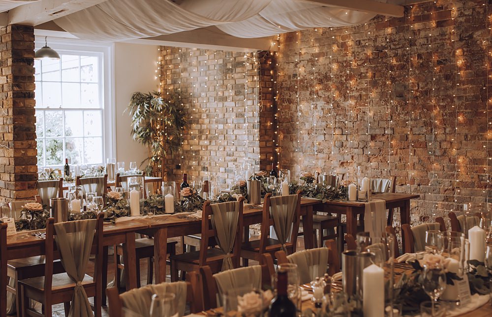 Long Wooden Table Decor Greenery Rose Candles Fairy Lights Blue Pigeons Wedding Charlotte Claricoat Photography