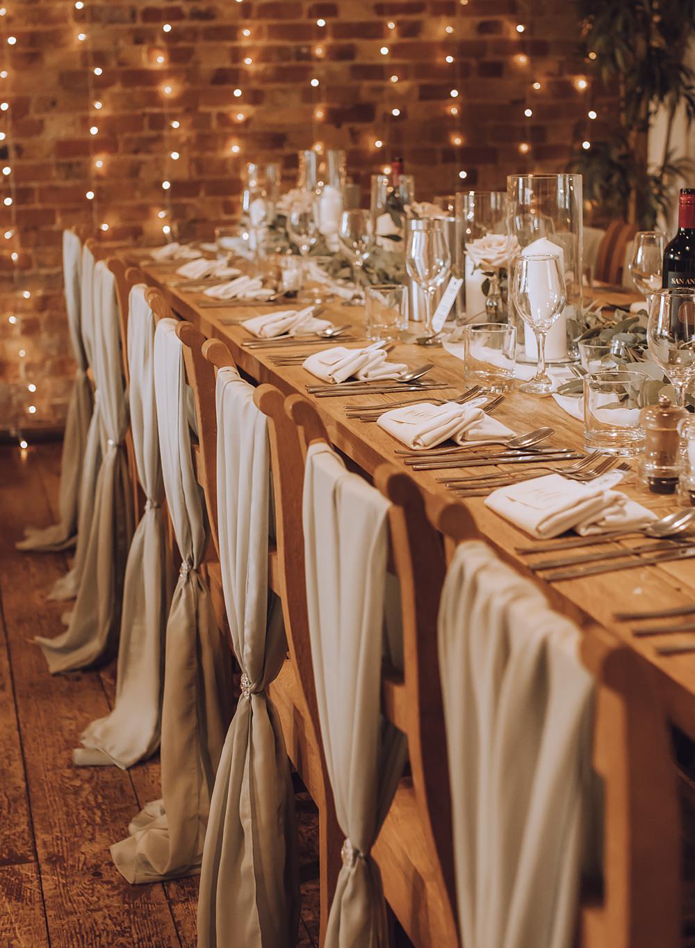 Chair Covers Sashes Long Wooden Table Decor Greenery Rose Candles Fairy Lights Blue Pigeons Wedding Charlotte Claricoat Photography