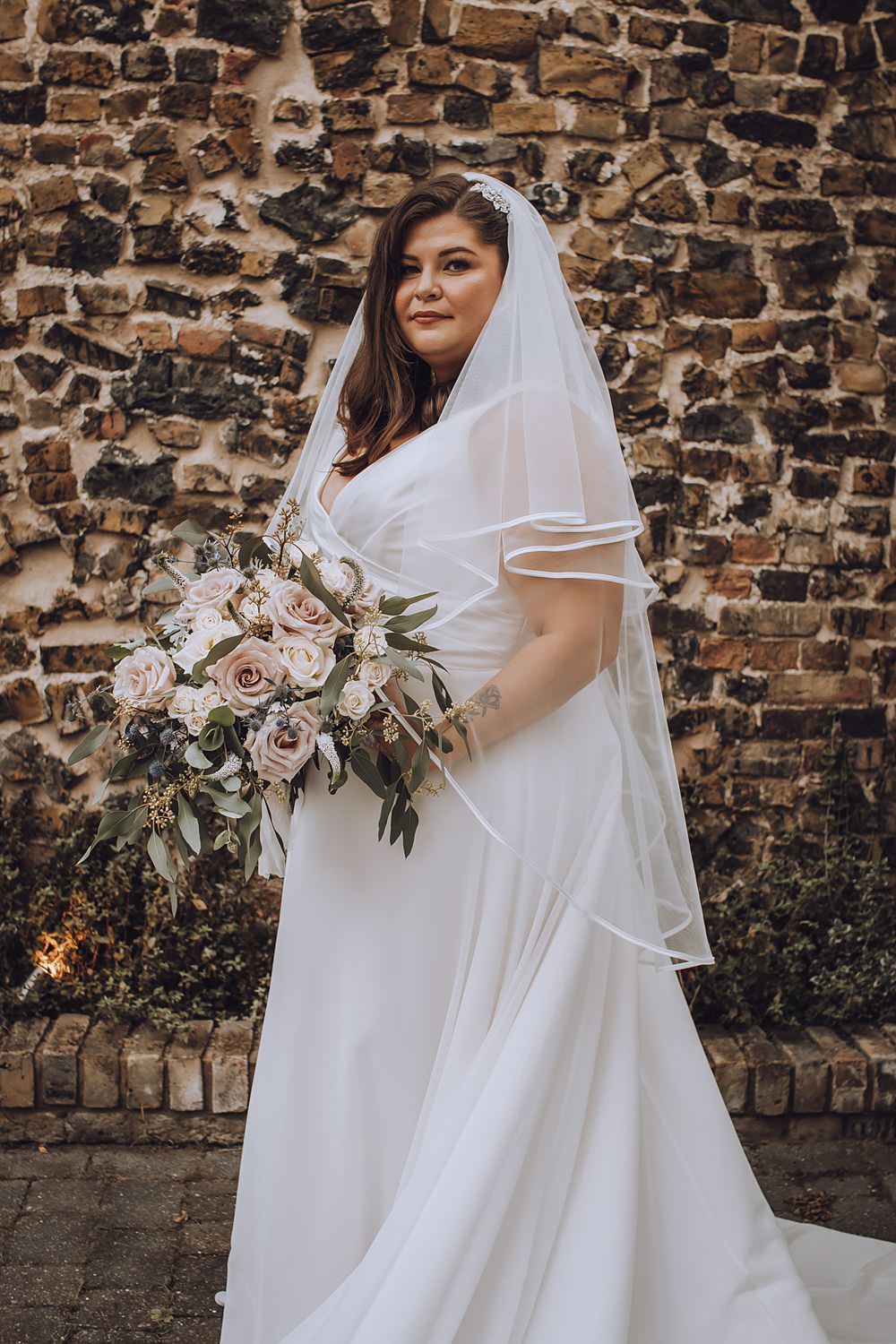 Dress Gown Bride Bridal Straps Satin Buttons Veil Blue Pigeons Wedding Charlotte Claricoat Photography