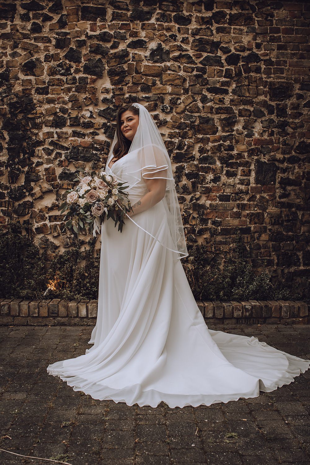 Dress Gown Bride Bridal Straps Satin Buttons Veil Blue Pigeons Wedding Charlotte Claricoat Photography