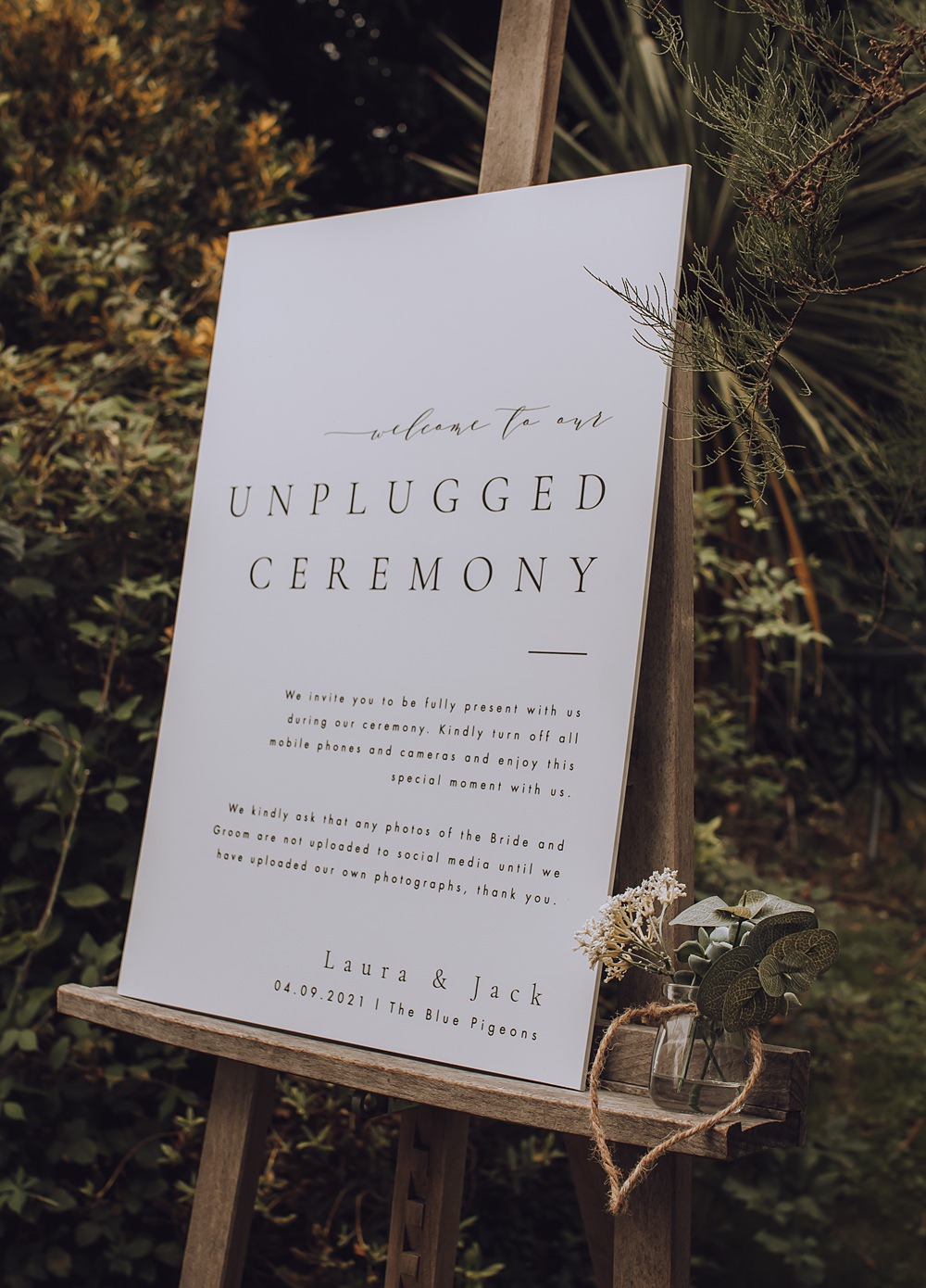 Uplugged Ceremony Sign Blue Pigeons Wedding Charlotte Claricoat Photography