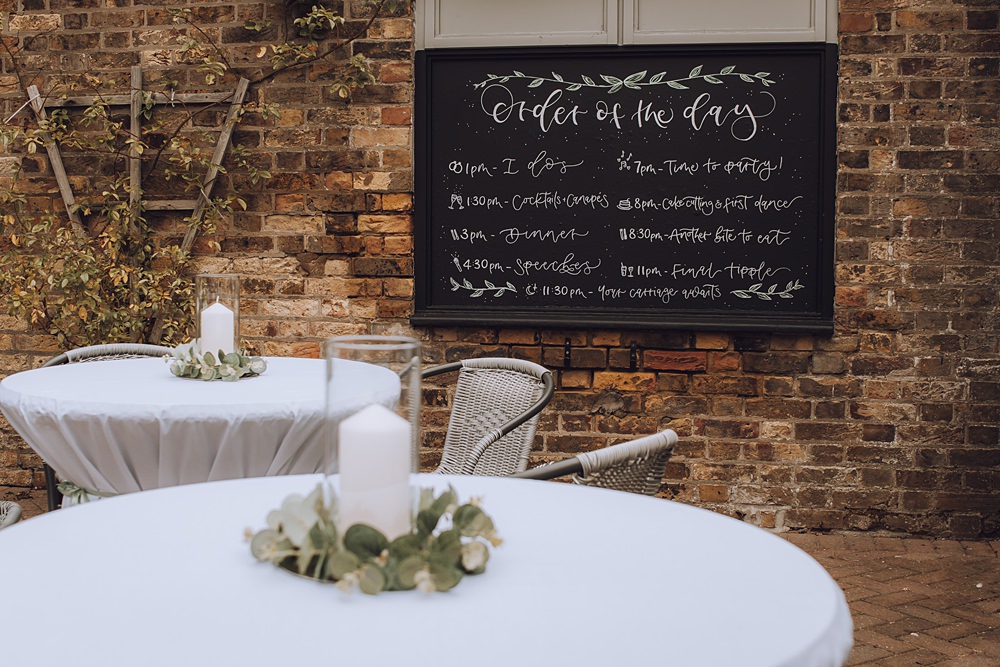 Order of the Day Sign Blackboard Blue Pigeons Wedding Charlotte Claricoat Photography