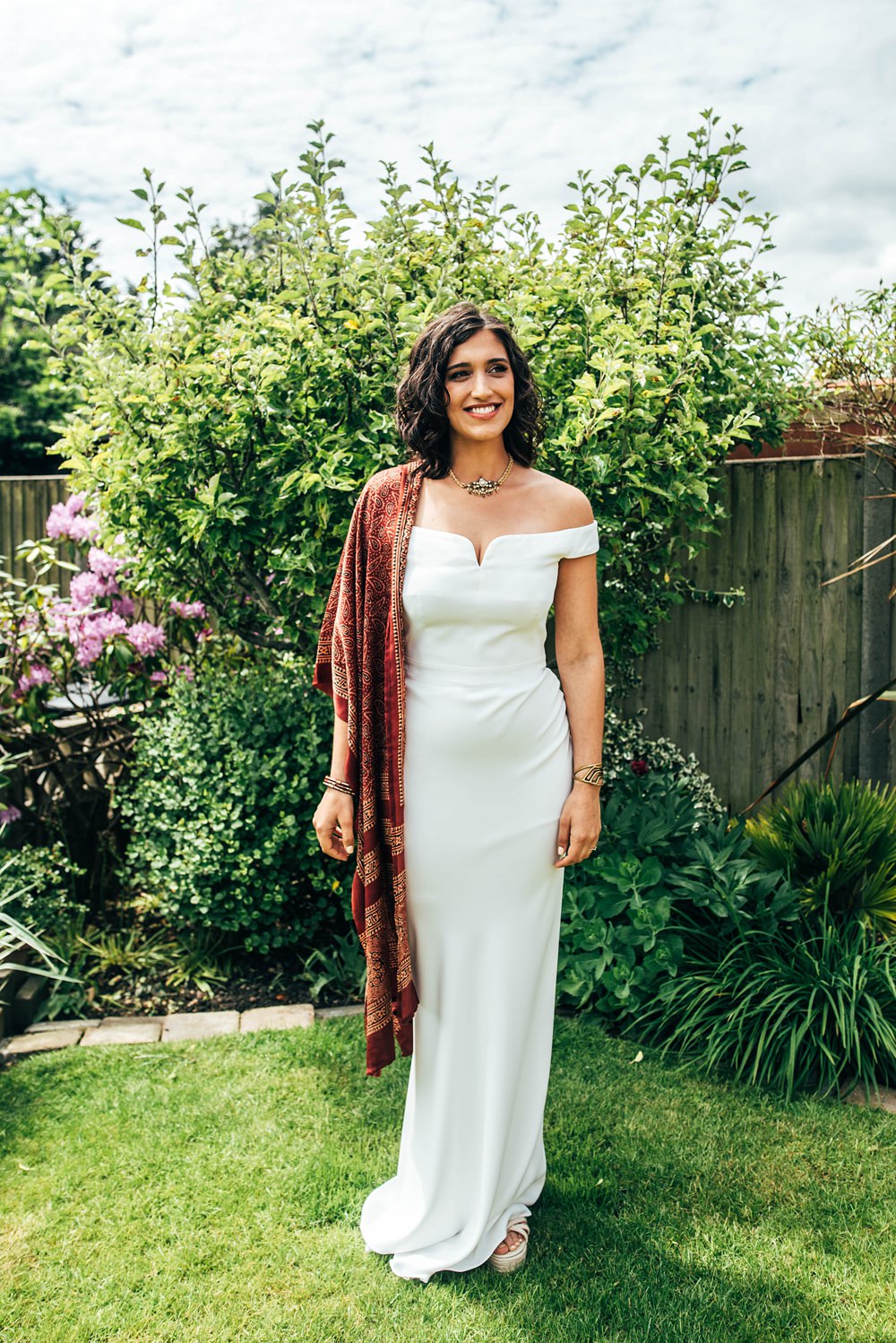 Dress Gown Brida Bridal Off Shoulder Block Printed Red Scarf Essex Barn Wedding Three Flowers Photography