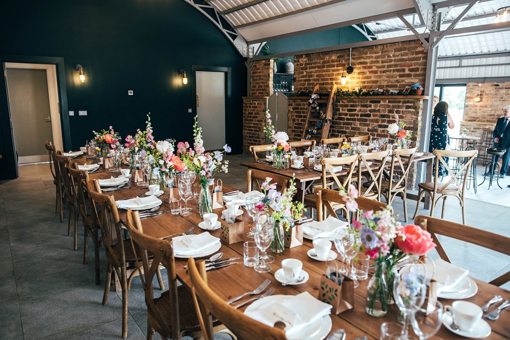 Long Wooden Tables Flowers Vases Centrepiece Essex Barn Wedding Three Flowers Photography