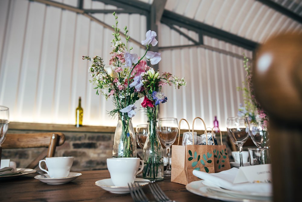 Long Wooden Tables Flowers Vases Centrepiece Essex Barn Wedding Three Flowers Photography
