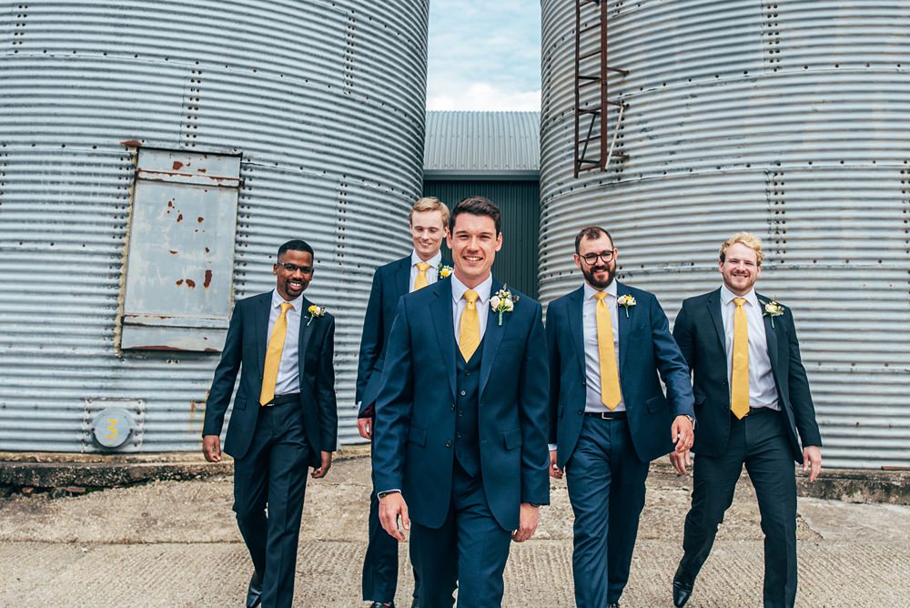 Groom Suit Groomsmen Navy Yellow Tie Essex Barn Wedding Three Flowers Photography