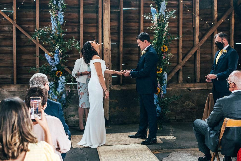 Ceremony Venue Flower Arch Backdrop Essex Barn Wedding Three Flowers Photography