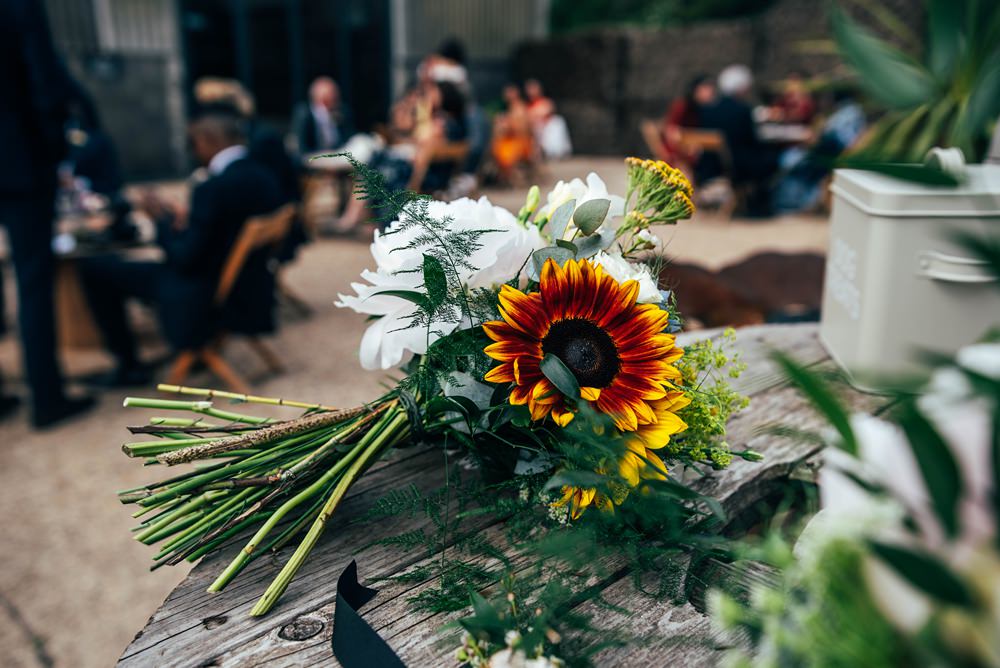 Bouquet Flowers Bride Bridal Bridesmaid Sunflower Essex Barn Wedding Three Flowers Photography