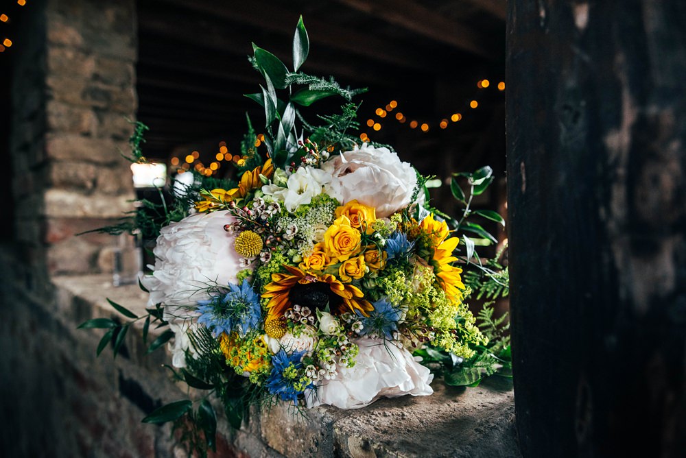 Bouquet Flowers Bride Bridal Bridesmaid Sunflower Essex Barn Wedding Three Flowers Photography