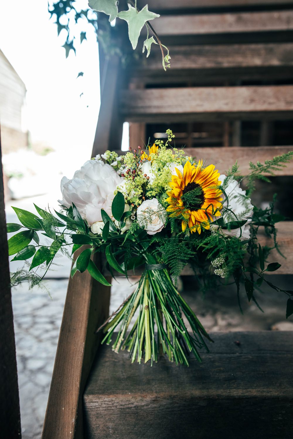 Bouquet Flowers Bride Bridal Bridesmaid Sunflower Essex Barn Wedding Three Flowers Photography