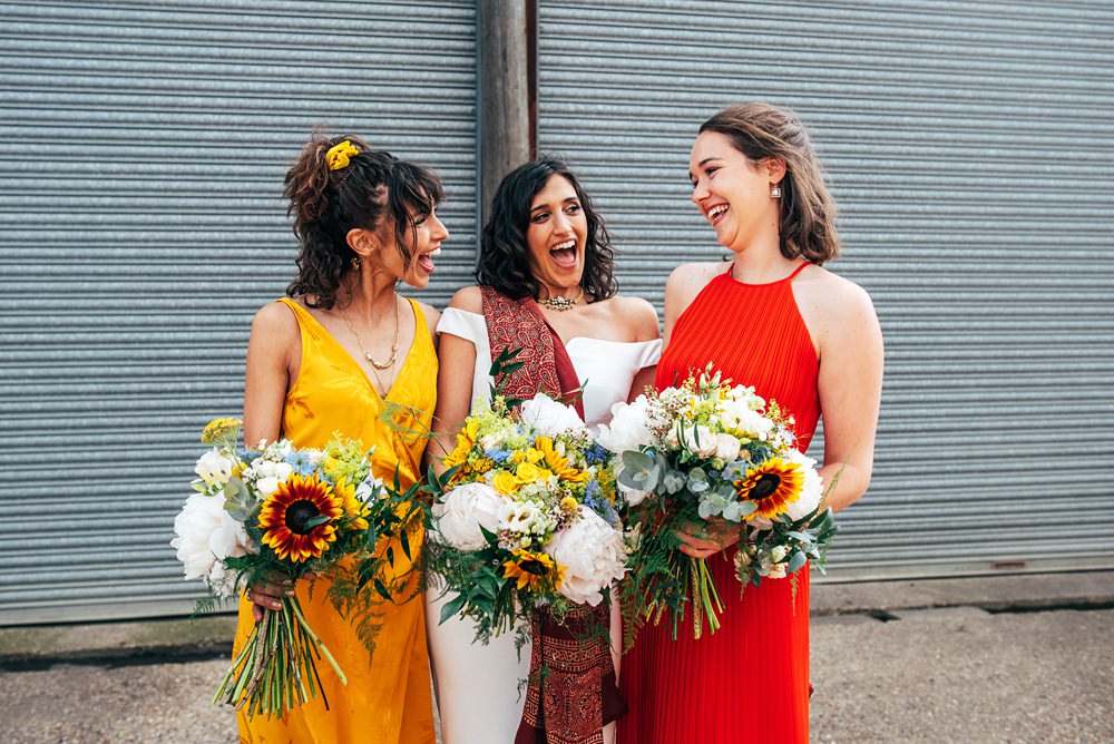 Bridesmaids Red Yellow Dress Dresses Long Mismatched Essex Barn Wedding Three Flowers Photography