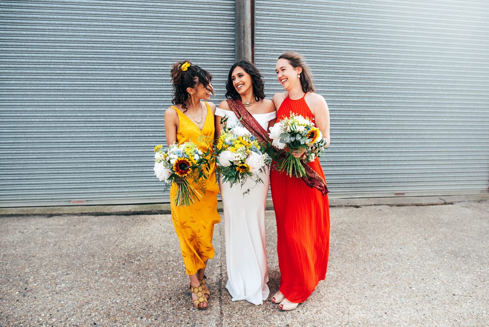 Bridesmaids Red Yellow Dress Dresses Long Mismatched Essex Barn Wedding Three Flowers Photography