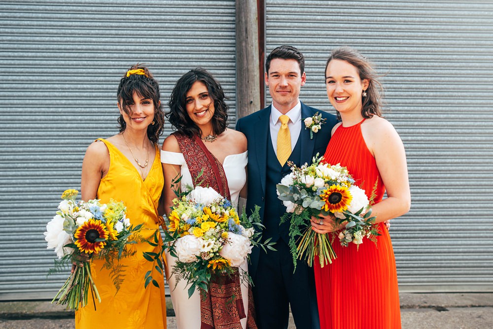 Bridesmaids Red Yellow Dress Dresses Long Mismatched Essex Barn Wedding Three Flowers Photography