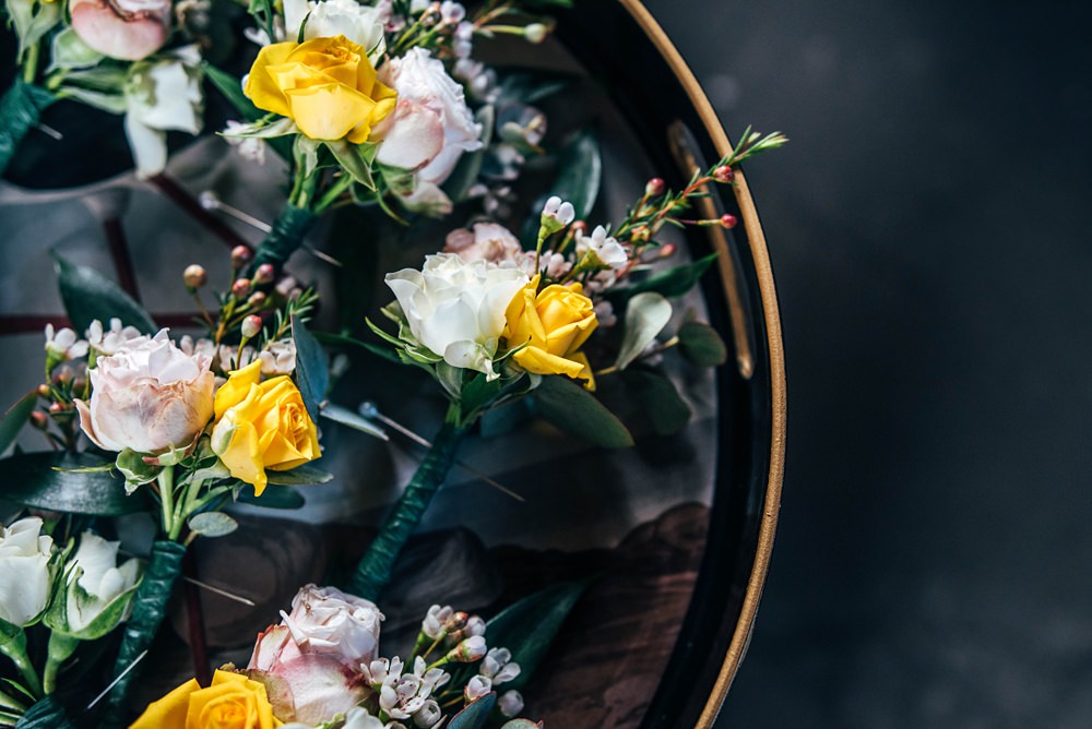 Buttonhole Fowesr Cream Yellow Essex Barn Wedding Three Flowers Photography
