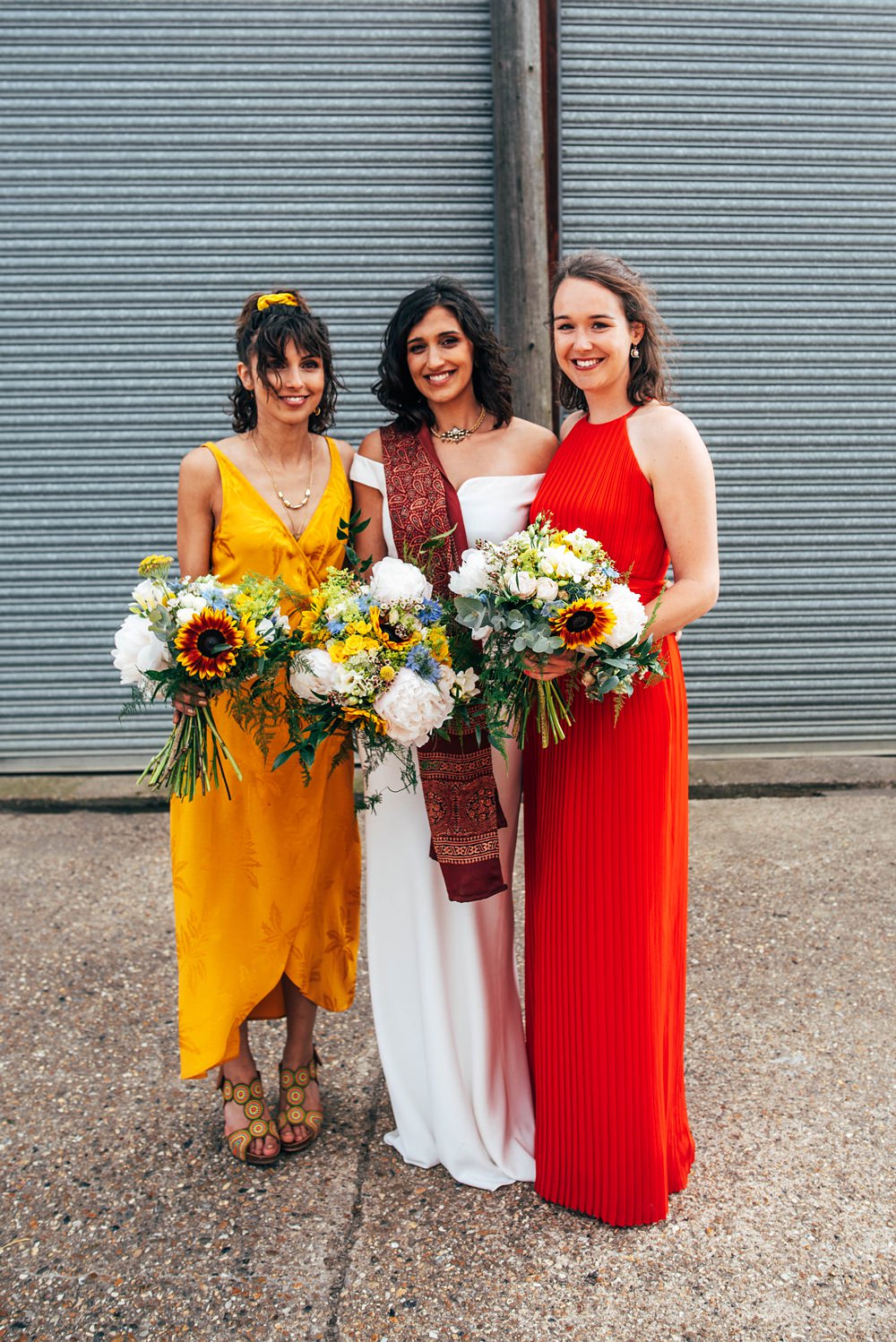Bridesmaids Red Yellow Dress Dresses Long Mismatched Essex Barn Wedding Three Flowers Photography