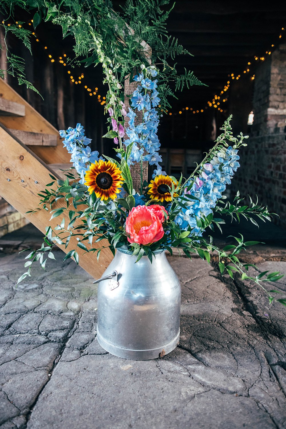 Milk Churn Flowers Blue Pink Sunflower Essex Barn Wedding Three Flowers Photography