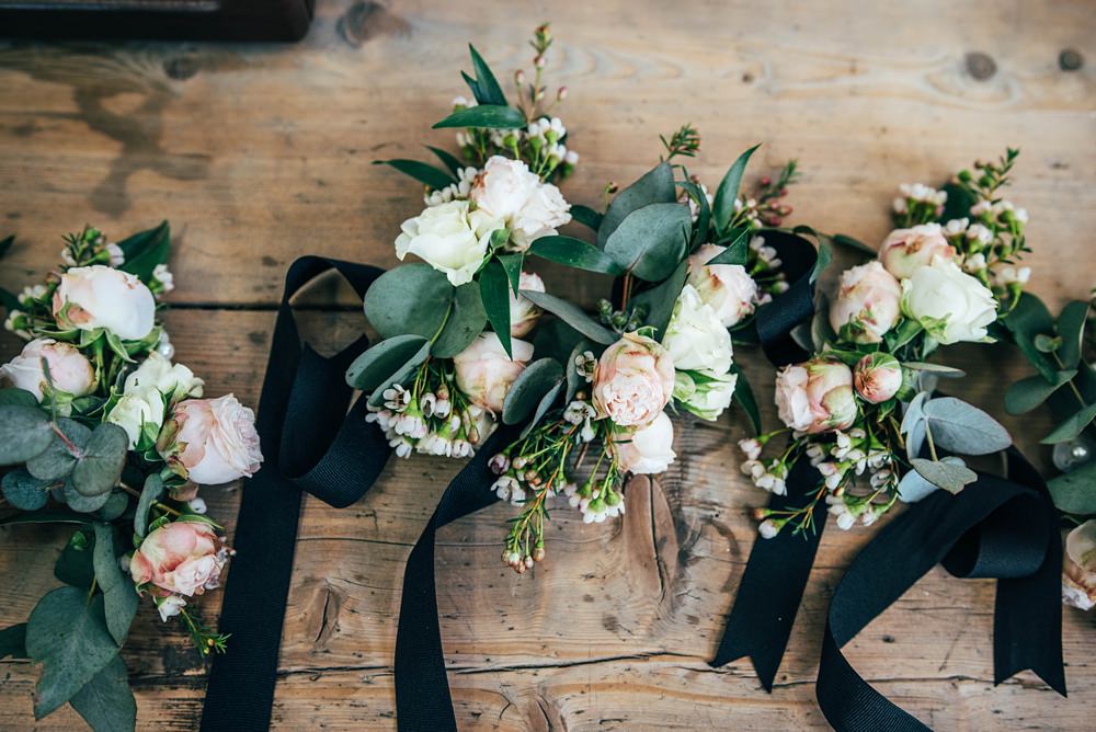 Bouquet Flowers Bride Bridal Bridesmaid Blush Rose Black Ribbon Essex Barn Wedding Three Flowers Photography