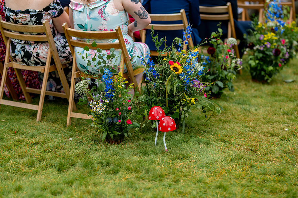 Pew End Aisle Flowers Sunflowers Toadstools Fairy Wedding Holly Driver Photography