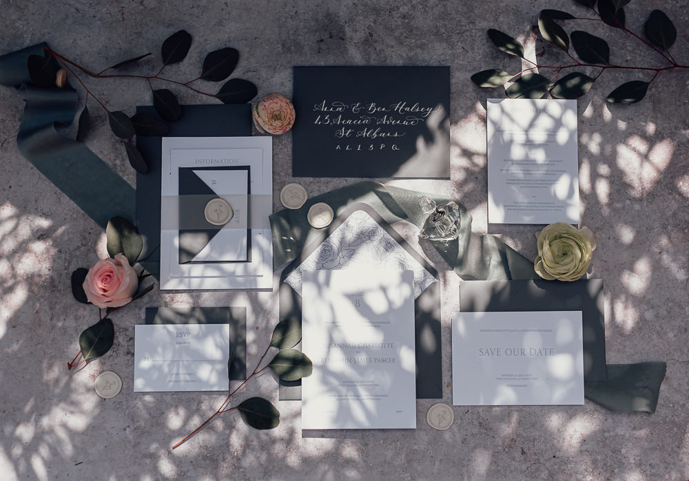 Stationery Invites Invitations Grey White Embossed Gaddesden Estate Wedding Clare Smith Photography