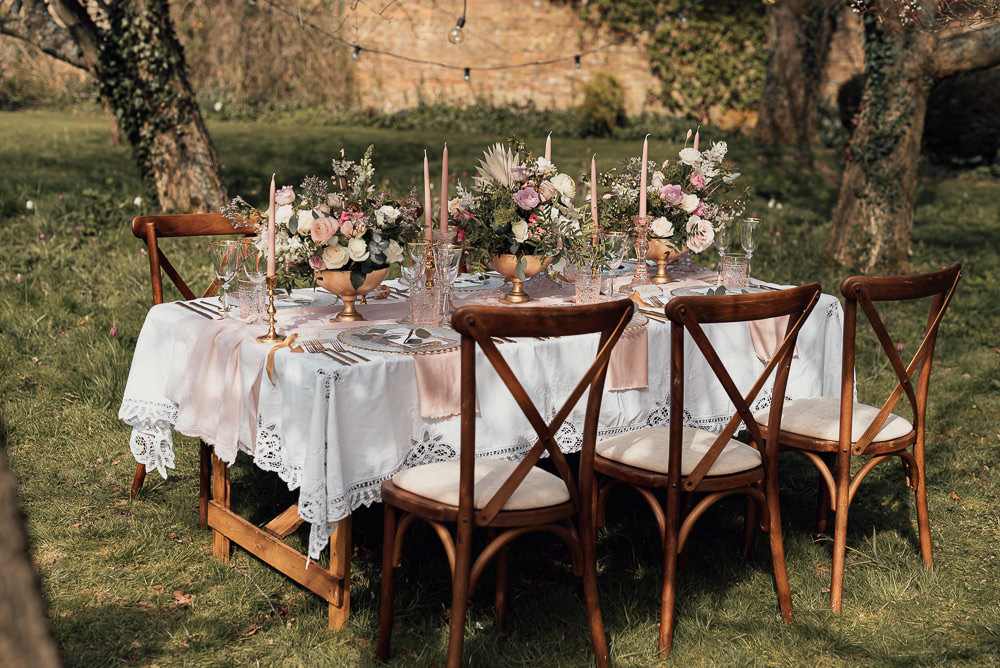 Table Tablescape Flowers Gold Decor Pink Gaddesden Estate Wedding Clare Smith Photography