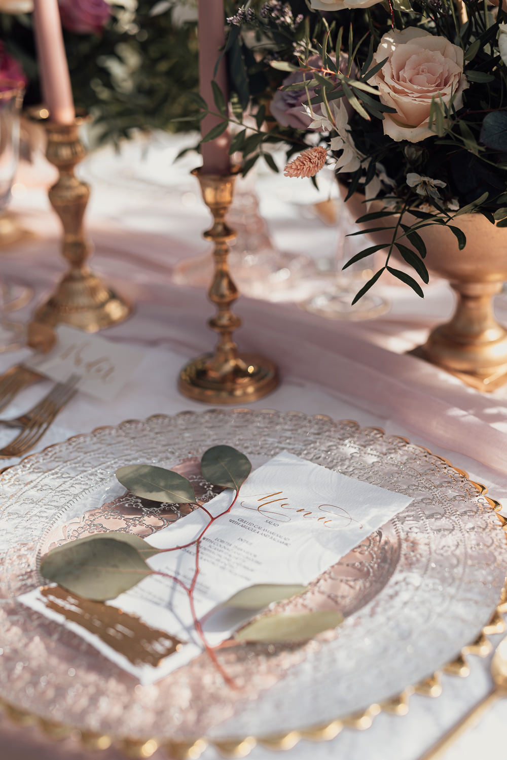 Table Tablescape Flowers Gold Decor Pink Gaddesden Estate Wedding Clare Smith Photography