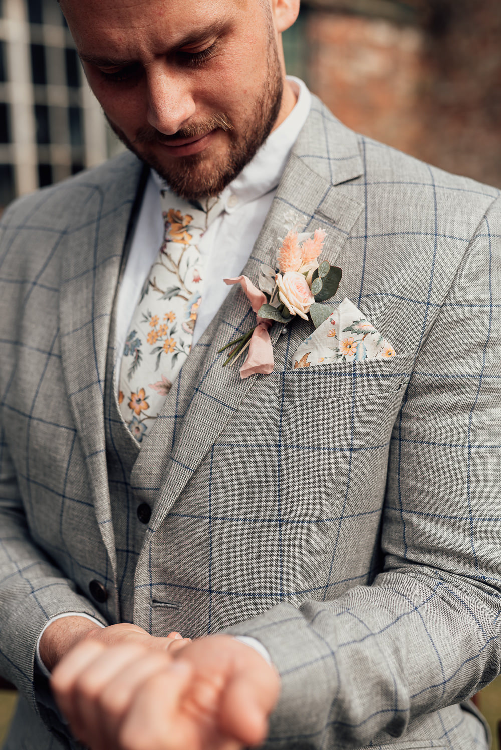 Groom Grey Suit Check Floral Tie Gaddesden Estate Wedding Clare Smith Photography