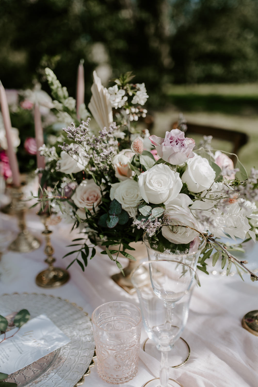 Table Tablescape Flowers Gold Decor Pink Gaddesden Estate Wedding Laura Williams Photography