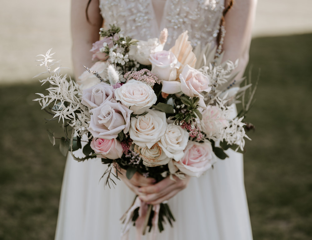 Bouquet Flowers Bride Bridal Pink Lilac Rose Pampas Grass Gaddesden Estate Wedding Laura Williams Photography