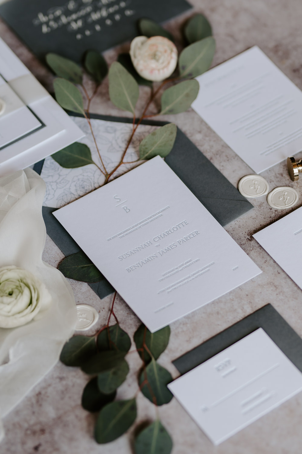 Stationery Invites Invitations Grey White Embossed Gaddesden Estate Wedding Laura Williams Photography