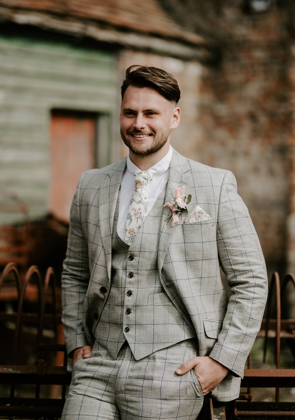 Groom Grey Suit Check Floral Tie Gaddesden Estate Wedding Laura Williams Photography