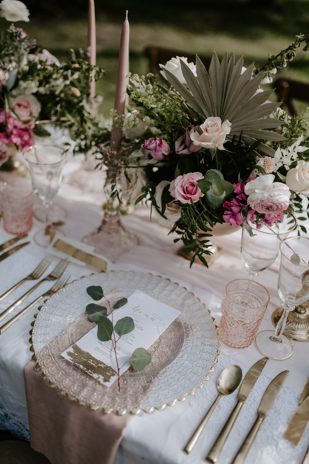 Table Tablescape Flowers Gold Decor Pink Gaddesden Estate Wedding Laura Williams Photography
