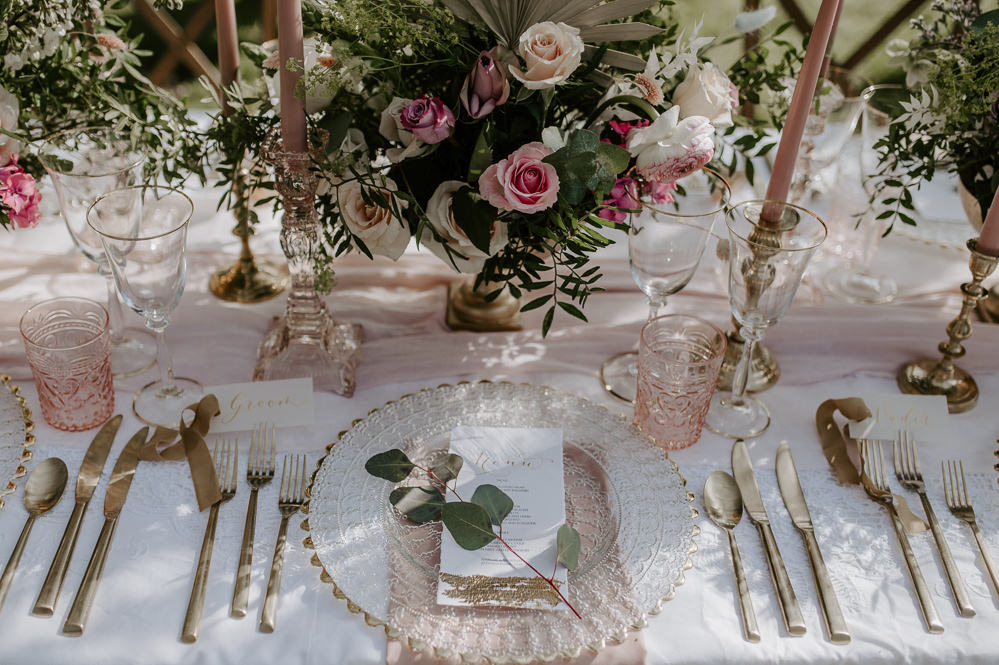Table Tablescape Flowers Gold Decor Pink Gaddesden Estate Wedding Laura Williams Photography