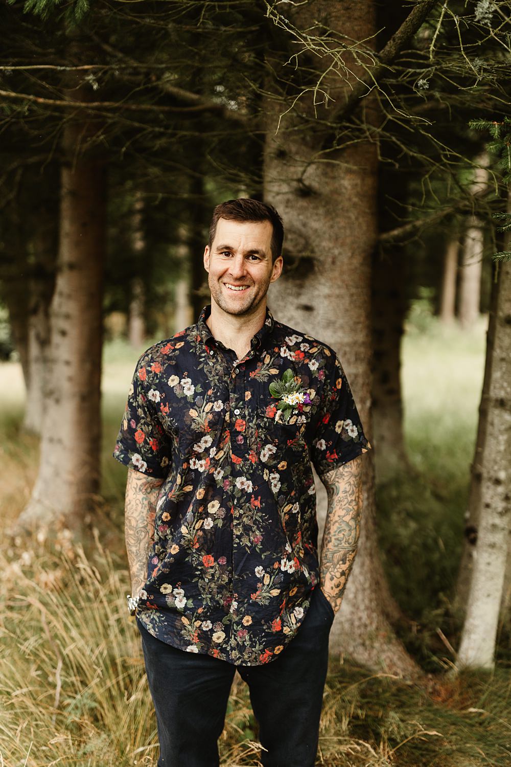Groom Black Floral Shirt Glen Dye Wedding Emma Lawson Photography