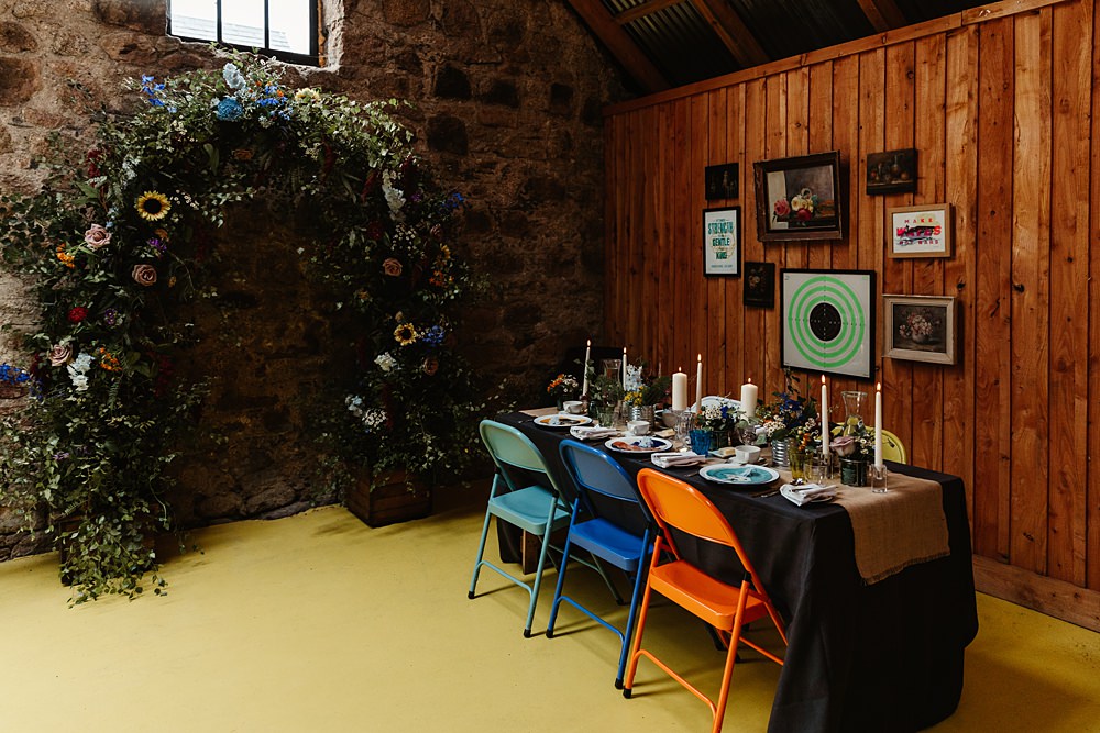 Flower Arch Backdrop Colourful Industrial Chairs Table Decor Glen Dye Wedding Emma Lawson Photography