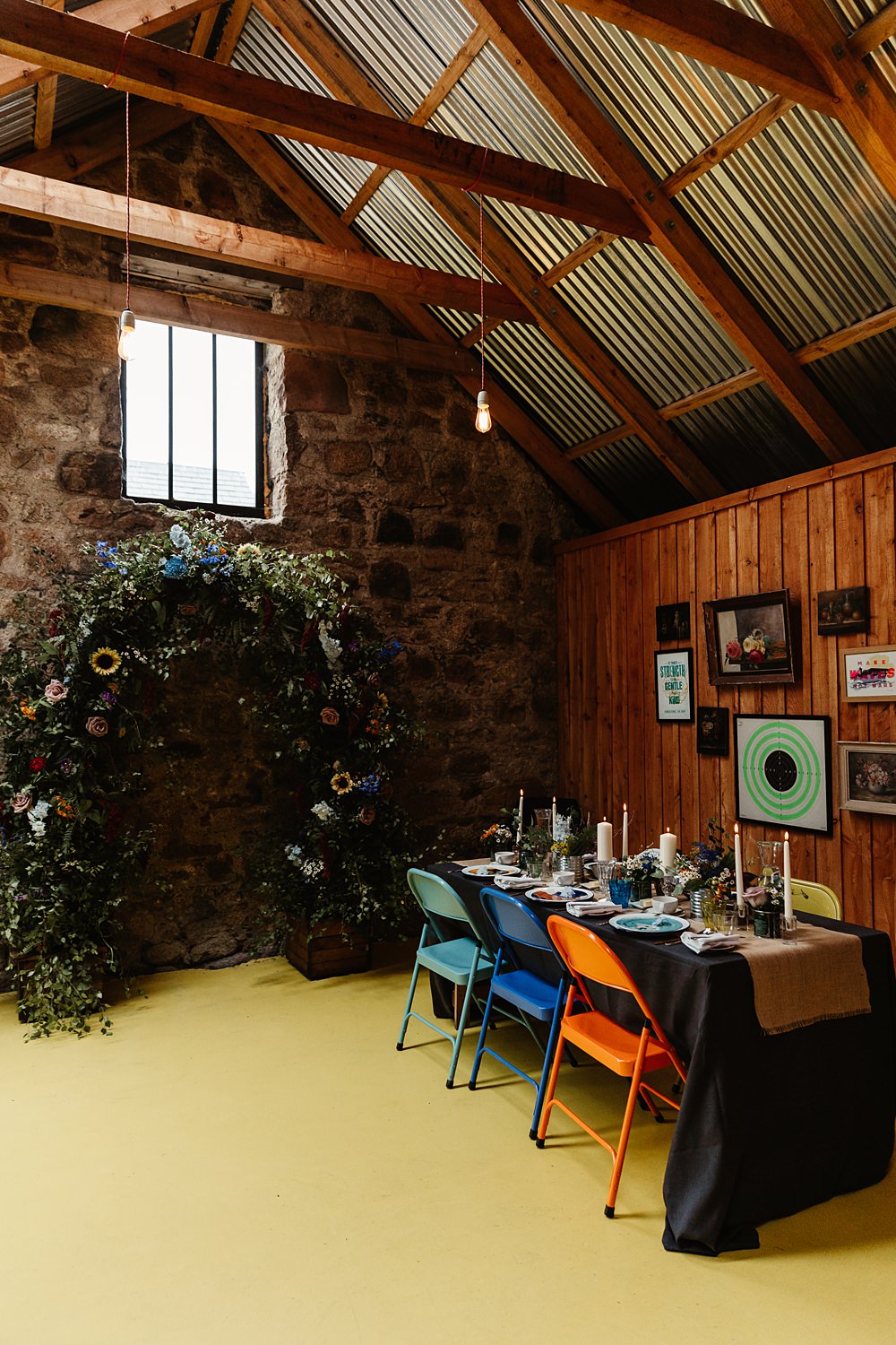 Flower Arch Backdrop Colourful Industrial Chairs Table Decor Glen Dye Wedding Emma Lawson Photography