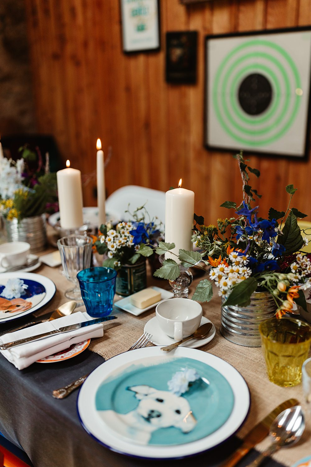 Colourful Chairs Table Decor Dog Plates Candles Flowers Tin Can Glen Dye Wedding Emma Lawson Photography