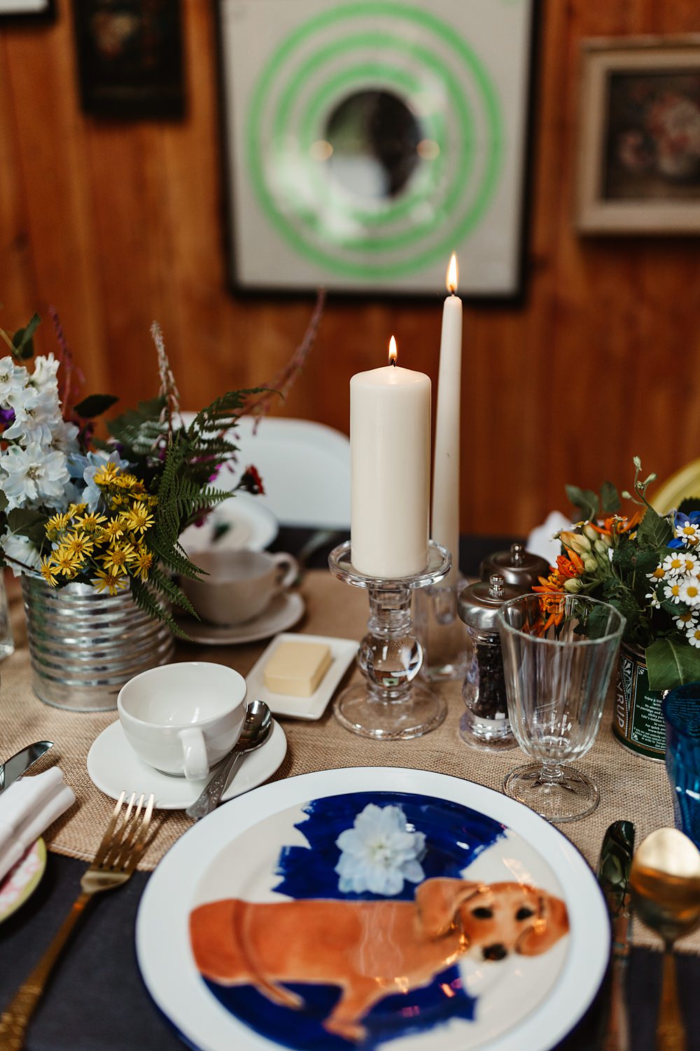 Colourful Chairs Table Decor Dog Plates Candles Flowers Tin Can Glen Dye Wedding Emma Lawson Photography