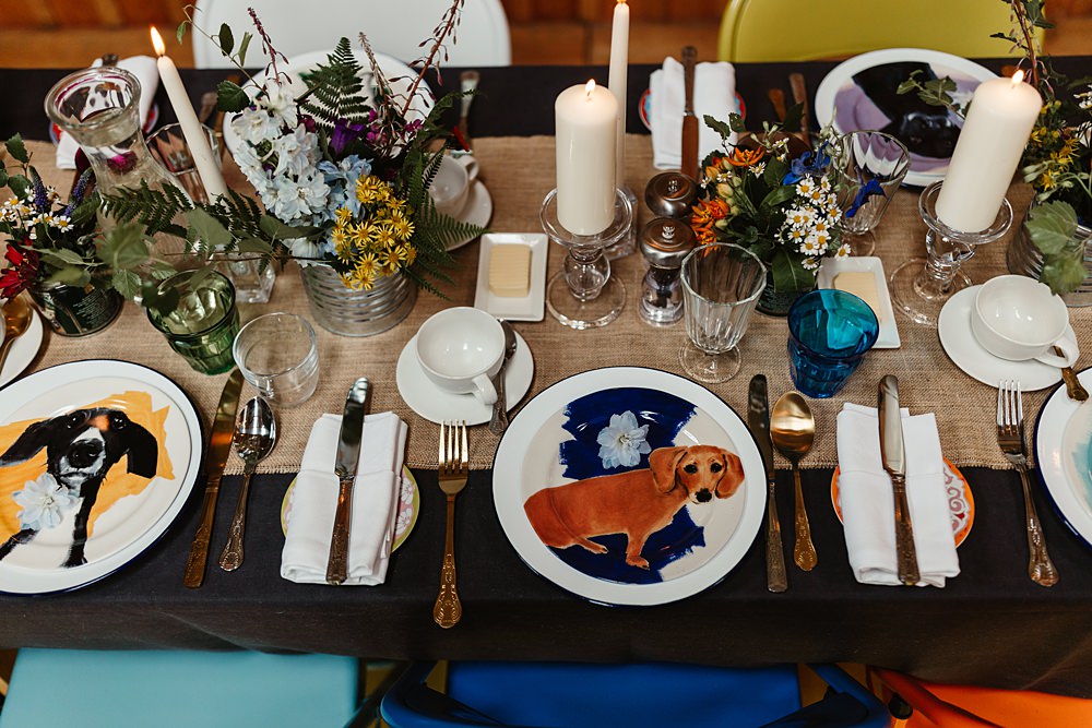 Colourful Chairs Table Decor Dog Plates Candles Flowers Tin Can Glen Dye Wedding Emma Lawson Photography