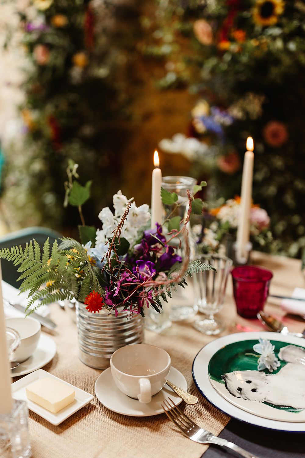 Colourful Chairs Table Decor Dog Plates Candles Flowers Tin Can Glen Dye Wedding Emma Lawson Photography
