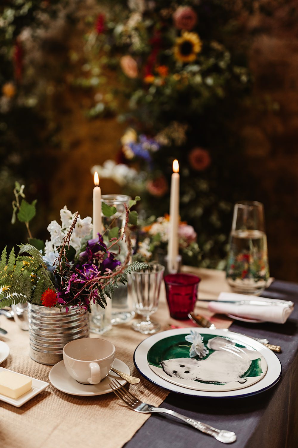 Colourful Chairs Table Decor Dog Plates Candles Flowers Tin Can Glen Dye Wedding Emma Lawson Photography