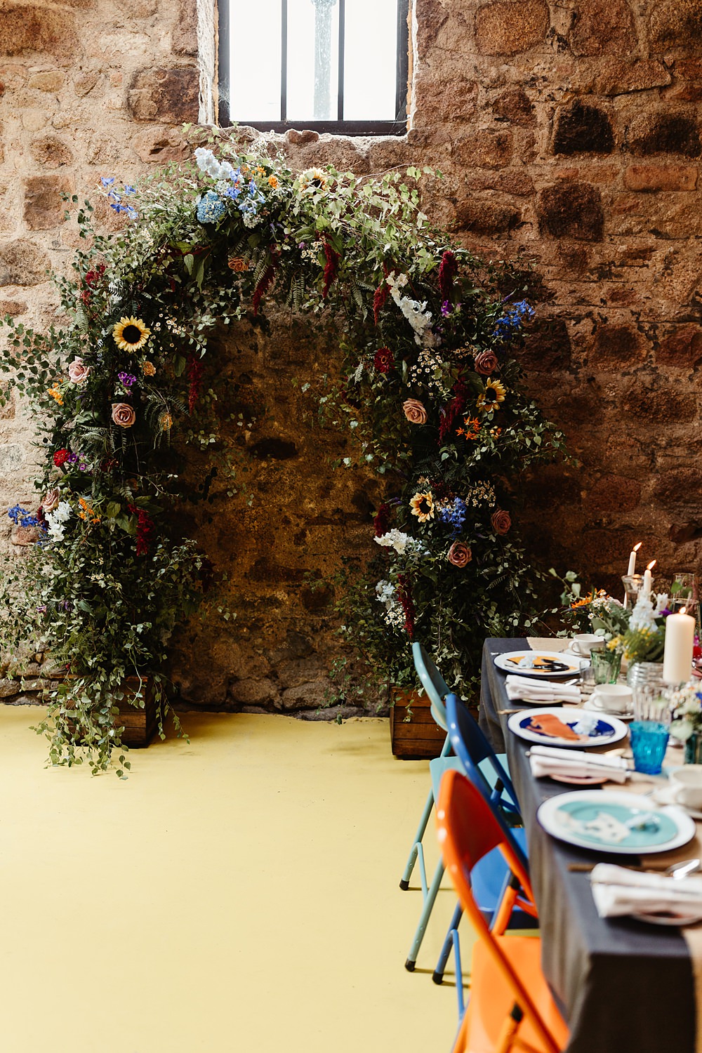 Flower Arch Backdrop Colourful Industrial Chairs Table Decor Glen Dye Wedding Emma Lawson Photography