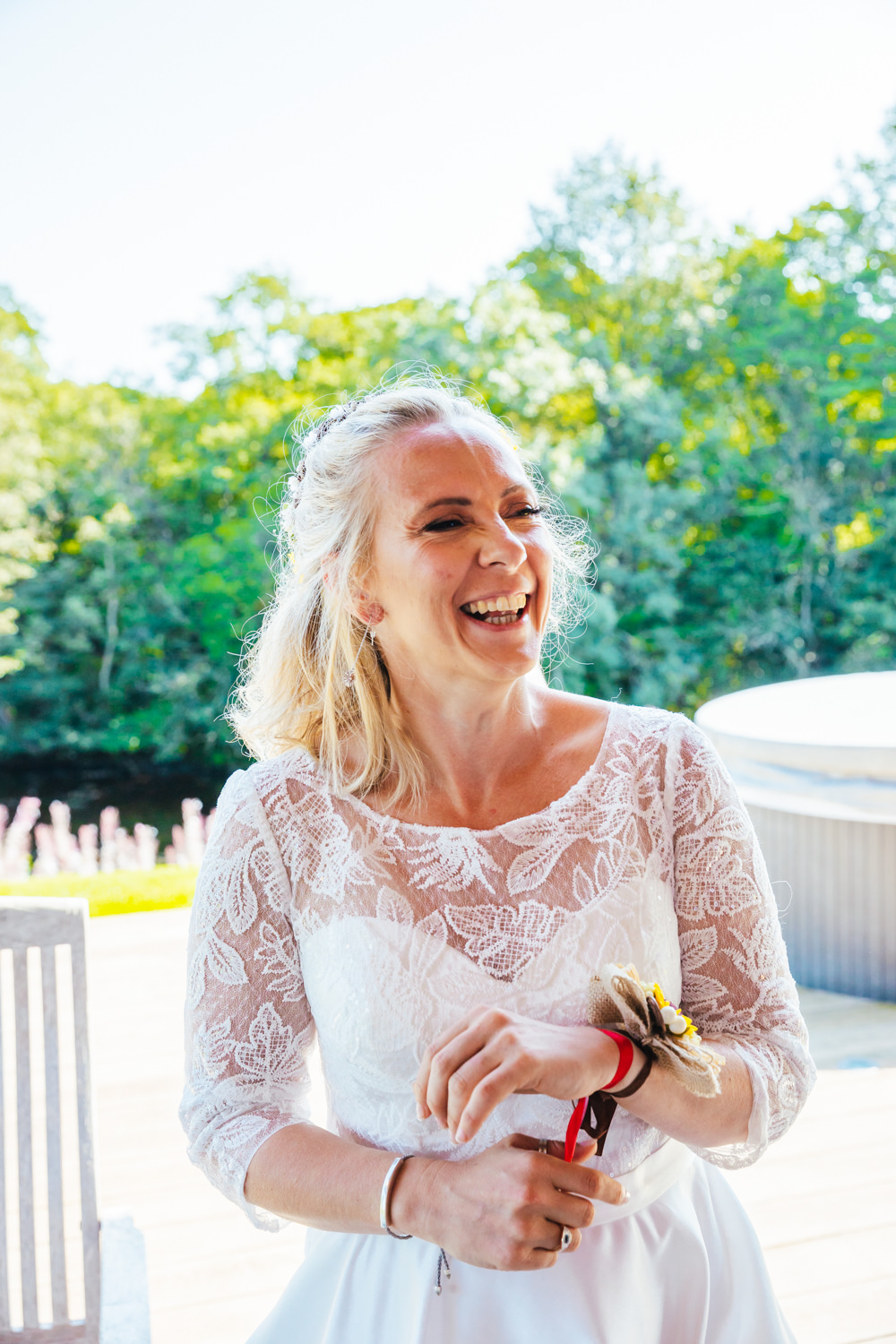 Bride Bridal Dress Gown Long Lace Sleeves Dip Hem Hidden River Barn Wedding Kirsty Rockett Photography